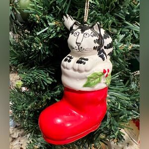 Vintage Kilban the cat Christmas ornament.  In a red stocking/santa boot.